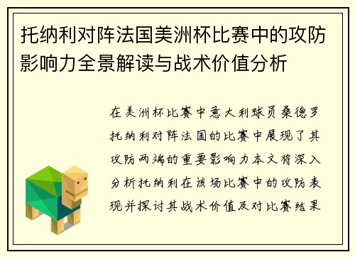 托纳利对阵法国美洲杯比赛中的攻防影响力全景解读与战术价值分析